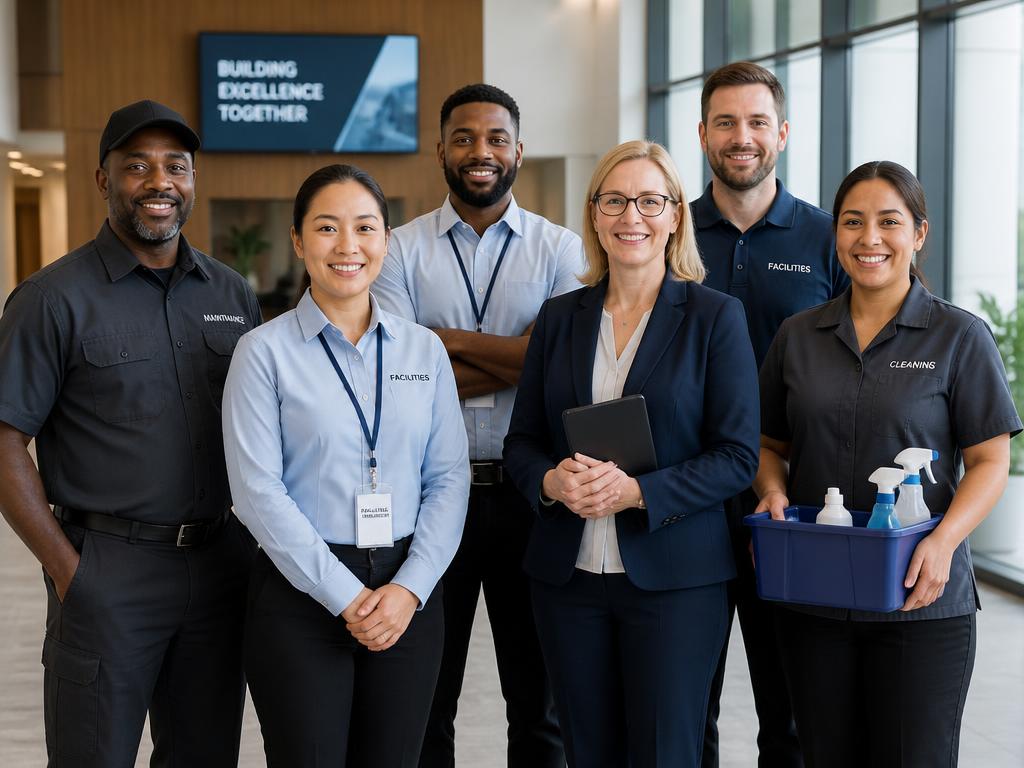 Equipe diversa de profissionais de facilities em um lobby corporativo moderno
